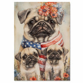 Patriotic Pug Mom with Puppies in American Flag and Floral Headband with Festive Summer Backdrop on Ready to Hang 1.5" Thick Canvas Wrap, Floating Framed Canvas, Flat Rolled Canvas